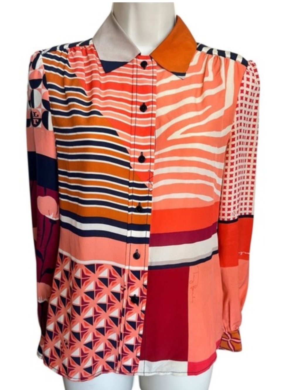 Tory Burch Multi-Print Coral and Navy Silk Button-Down Shirt